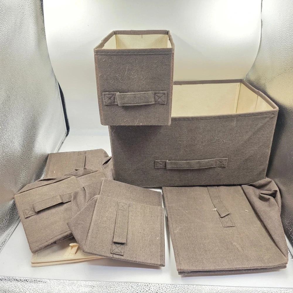 Brown Fabric Collapsible Storage Bins Set with Handles Woven Closet Organizers